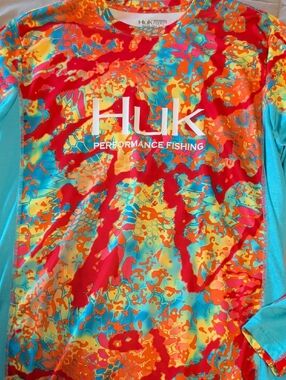 Huk Performance Fishing Long Sleeve Shirt - Red, Turquoise & Orange